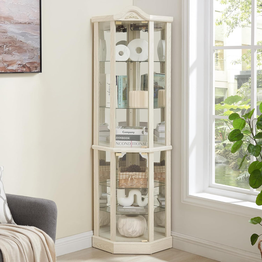 72" Corner Glass Display Cabinet with Adjustable Shelves, for Collectibles, Storage Curio Cabinet with Arched Floral