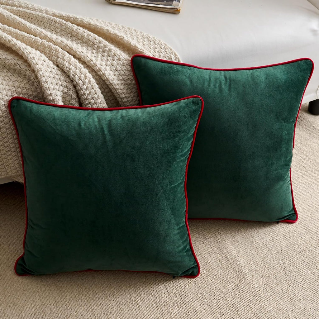 Christmas Dark Green Velvet Throw Pillow Covers Modern Minimalist Style Solid Decorative Red Rope Edging - Set of 2