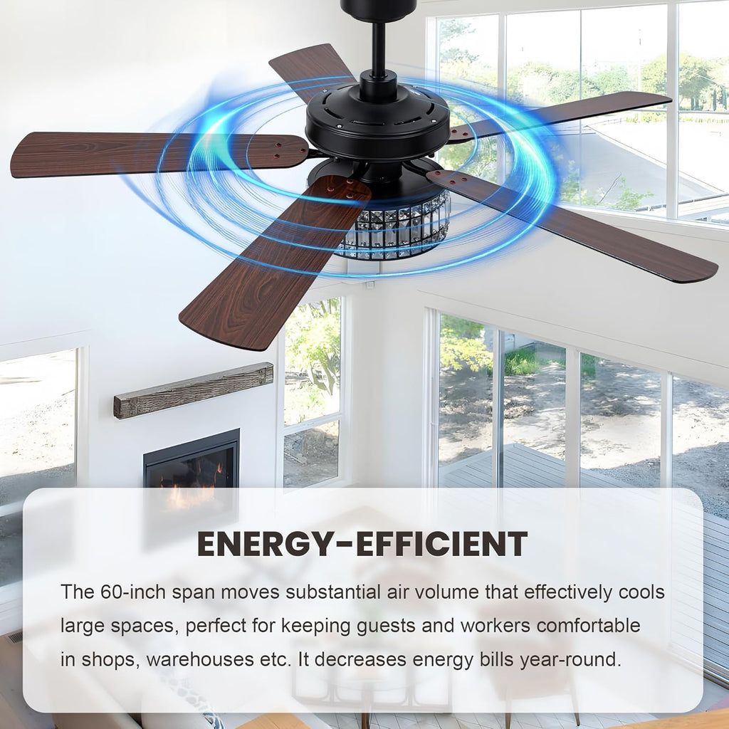 60 Inch Crystal Chandelier Ceiling Fans with Lights Black Large Modern Ceiling Fans Quiet and Reversible DC Motor 6
