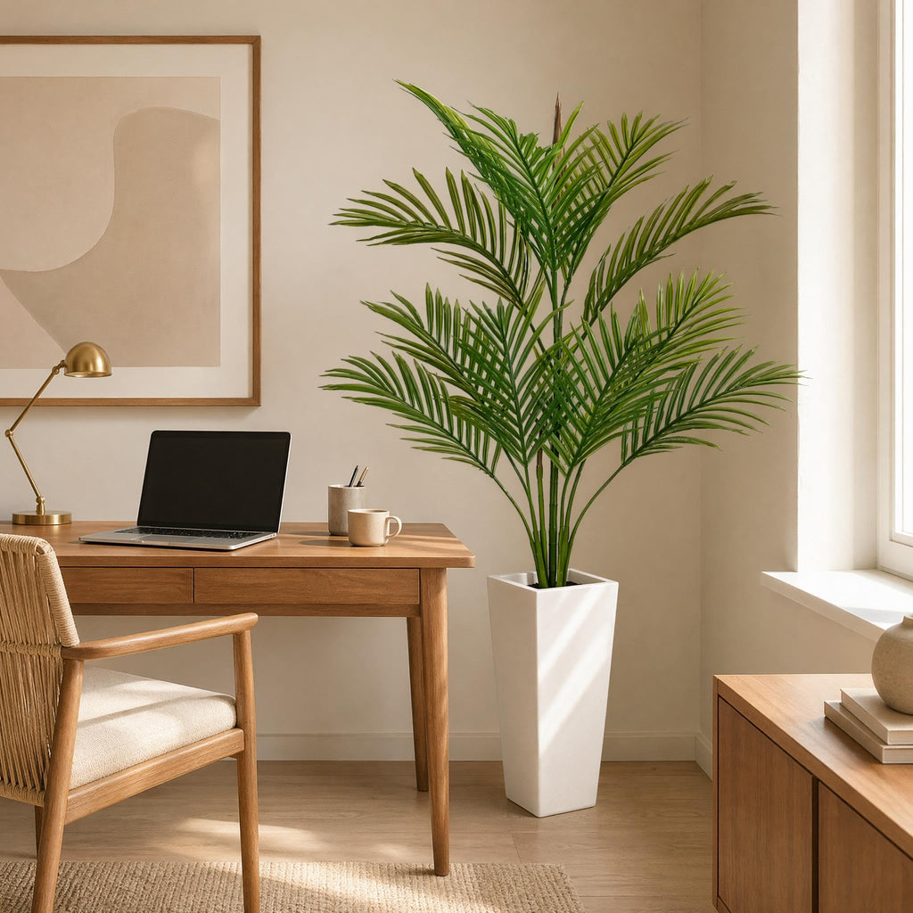 4.5FT Artificial Palm Tree, Tall Faux Plants Indoor Tropical Areca with White Planter and Lifelike Leaves, Fake