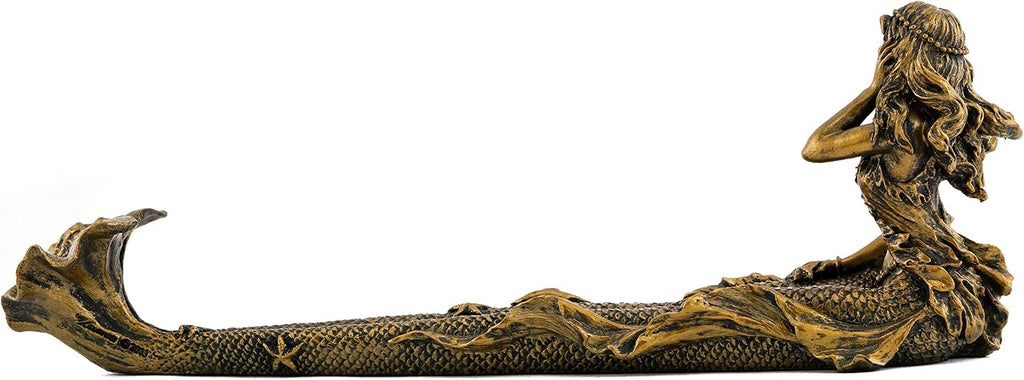 Beach Mermaid Incense Holder Statue - Hand Painted Beautiful Mythical Creature with Bronze Antique Finish Look