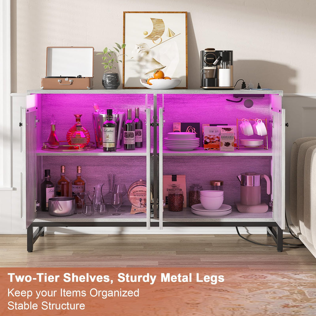 Sideboard Buffet Cabinet with Power Outlet, Doors, LED Light