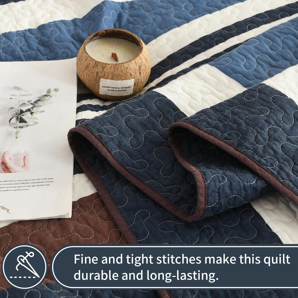 100% Cotton Quilt Set, Modern Stripe Pattern, Navy/Brown