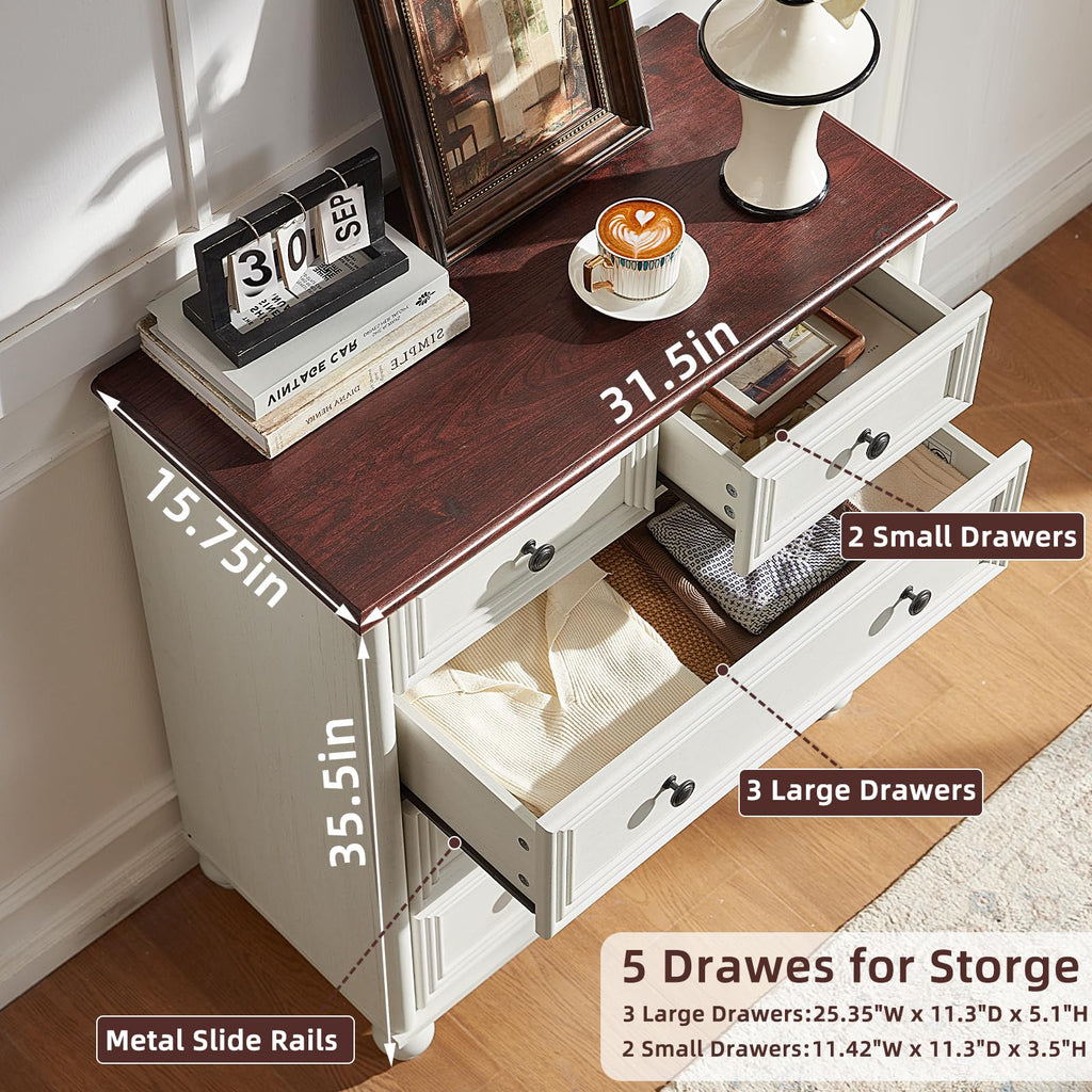 Farmhouse 5 Drawer Dresser Set of 2, 35.5" Small Dressers