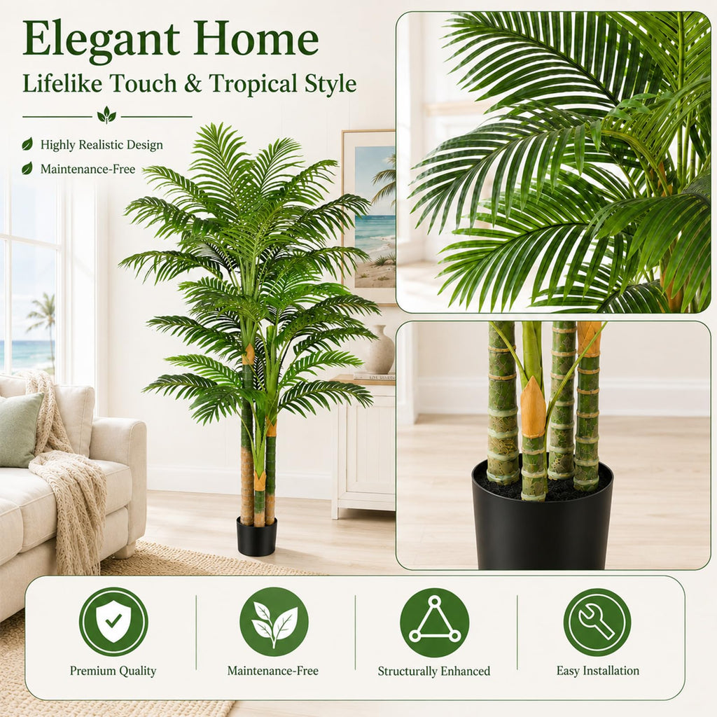 7ft Triple Golden Cane Palm Artificial Tree, Tall Faux Palm Tree with 33 Realistic Leaves, UV Resistant Fake Tropical