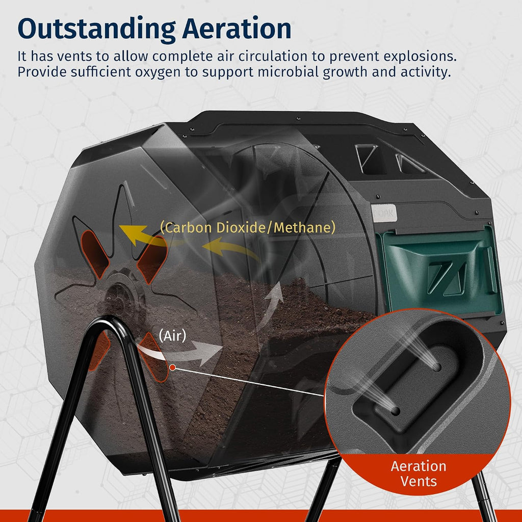 Compost Tumbler Outdoor, 43-Gal Dual Chamber Compost Bin with 2 Sliding Door and Aeration System, Tumbling Rotating