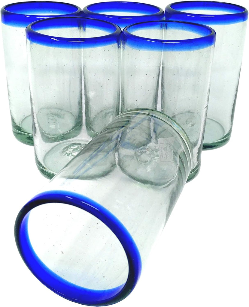 Hand Blown Mexican Drinking Glasses - Set of 6 Glasses with Cobalt Blue Rims (14 oz each)