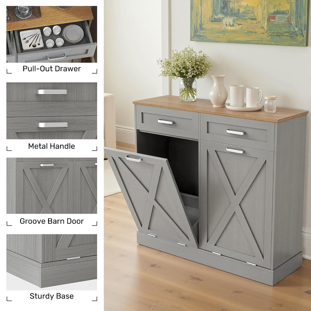 Double Tilt Out Trash Can Cabinet, 2 x 10 Gallons Hidden Garbage Recycling Cabinet with Hideaway Drawers Pet Proof