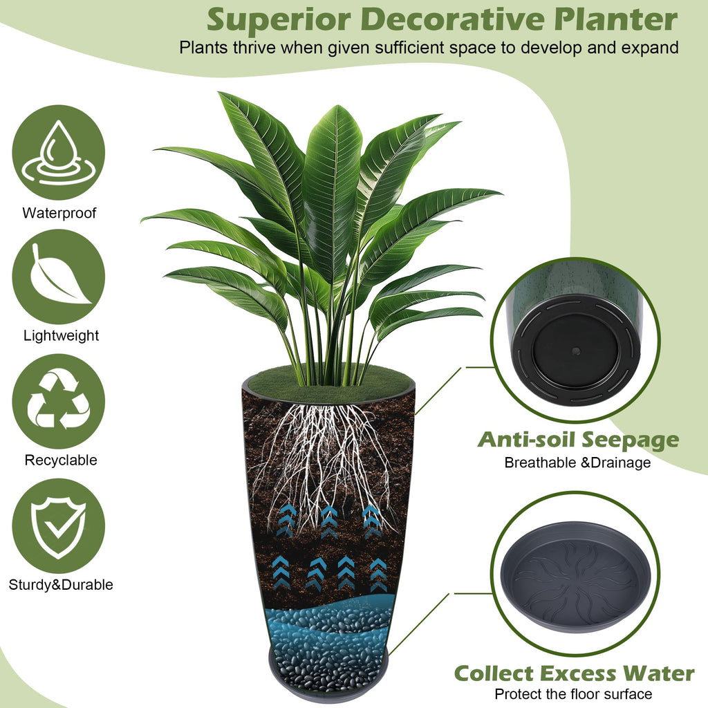 24-21-11 Inch Tall Planters for Outdoor Plants Set of 3 Green