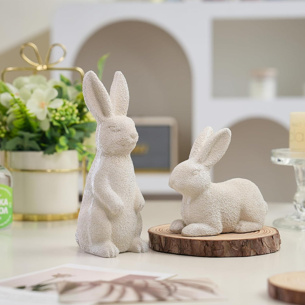 Easter Bunny Figurines, Resin Rabbit Figurines, Beige Bunny Statues for Rustic Easter Decorations - Set of 2