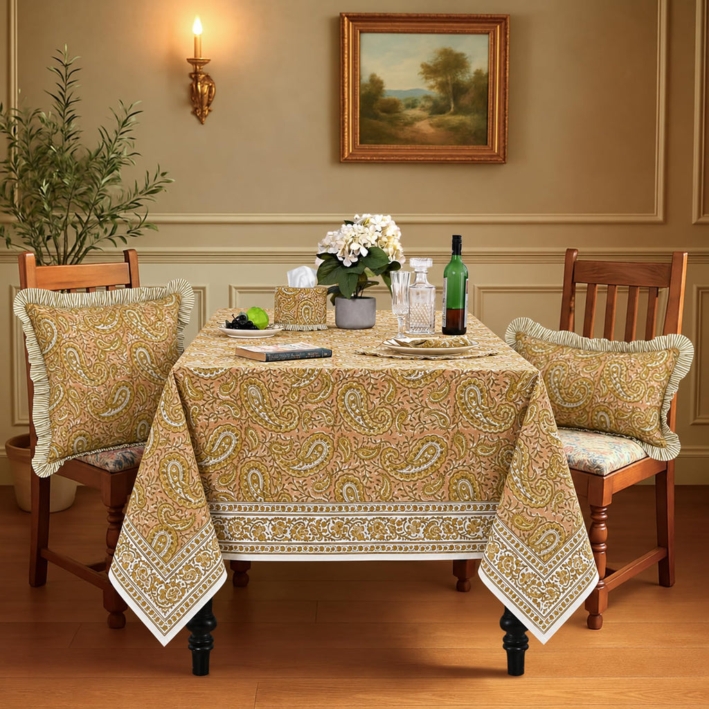 Romantic Reverie Hand Block Print Rectangle Tablecloth 190x72 Inch