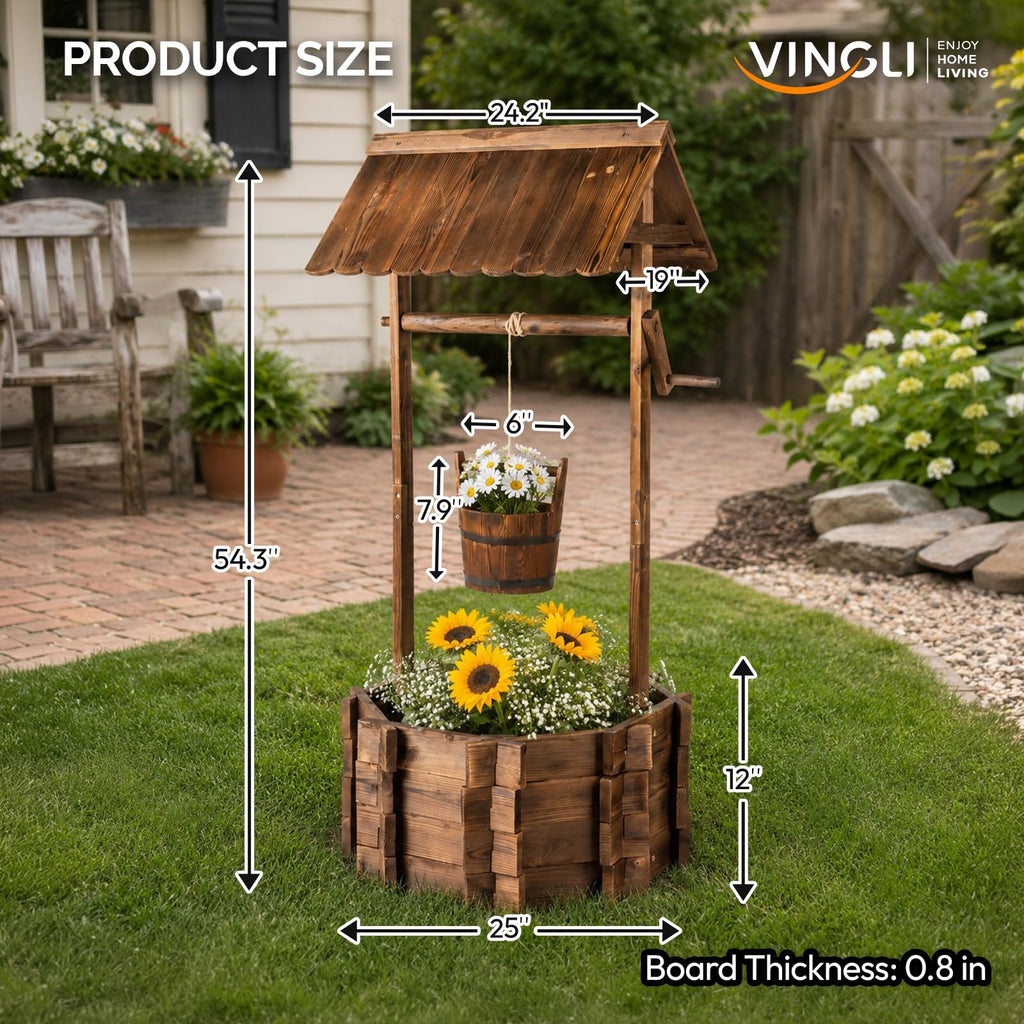 Wooden Wishing Well Outdoor Planters, Well Covers for Yard with 4 Reinforced Rods, Height Adjustable Hanging Bucket