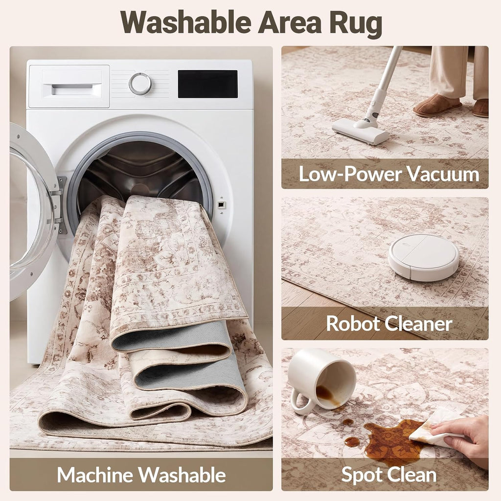Washable Area Rug, Large Vintage Distressed Medallion Rugs