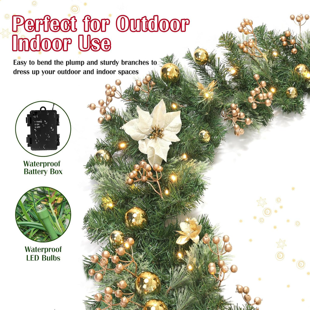 9FT Prelit Christmas Garland for Mantle, Gold Poinsettia, 50 LED