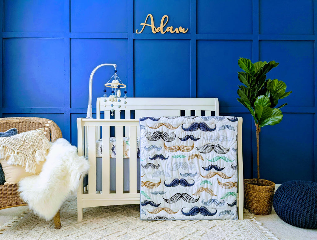 Noisy Mouse - Boho Little Man Mustache, Premium, 100% Organic Cotton 4-Piece Baby Boy Nursery Bedding Crib Set | Baby