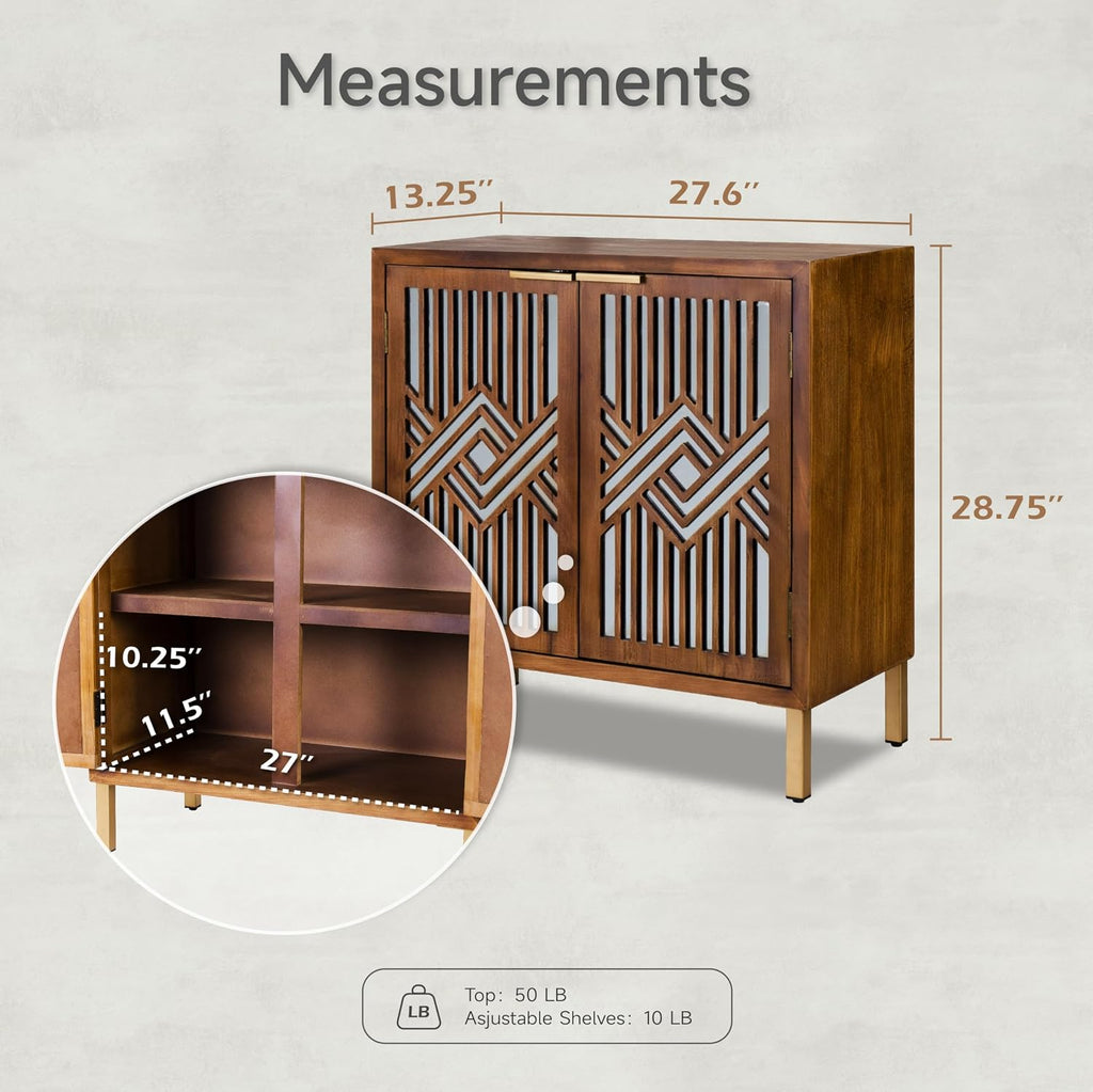 2 Door Accent Cabinet, Wood Sideboard Storage Furniture with Modern Geometric Mirror Front, Freestanding Home and