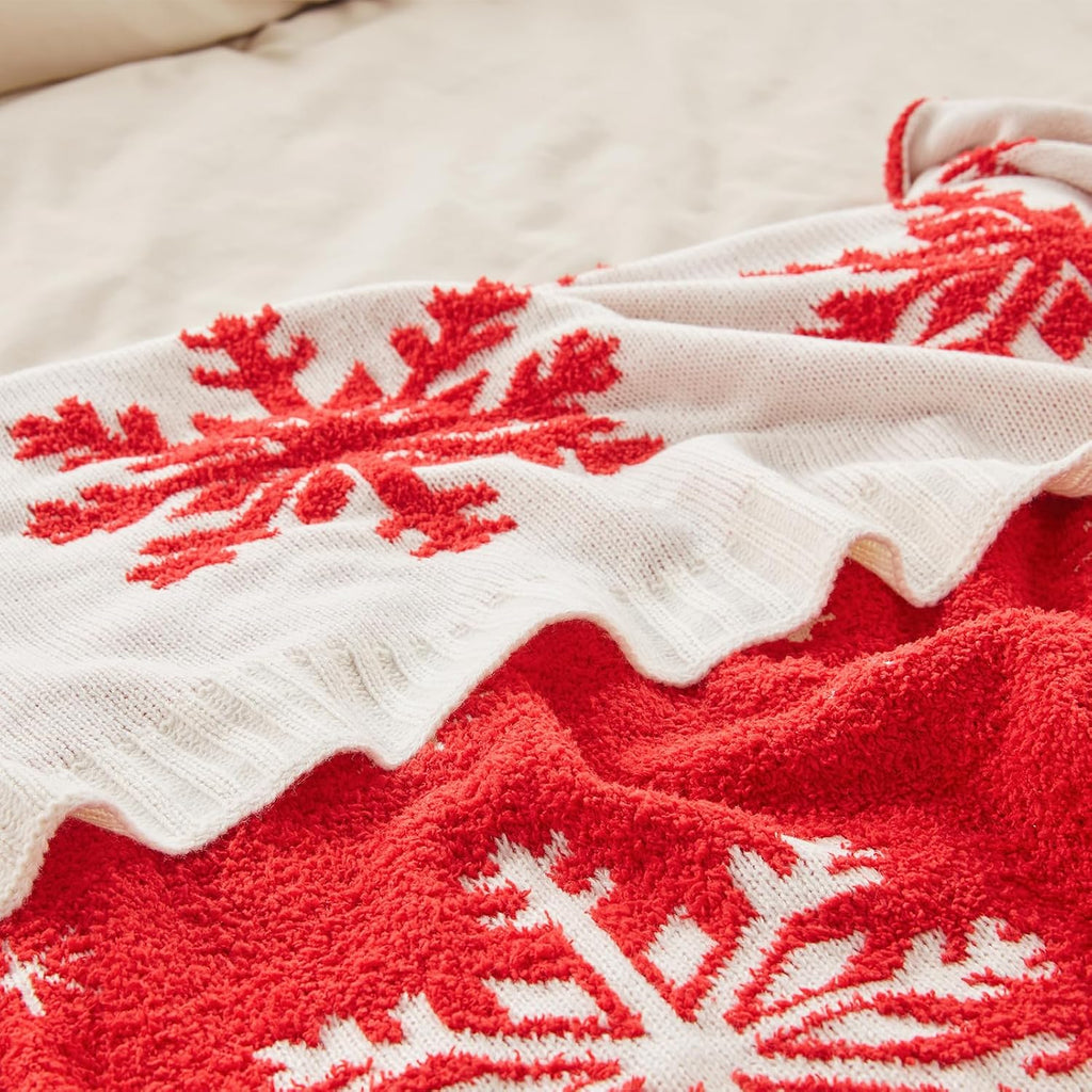 Reversible Knitted Throw Blanket, Red Christmas Snowflake, 60"x80"