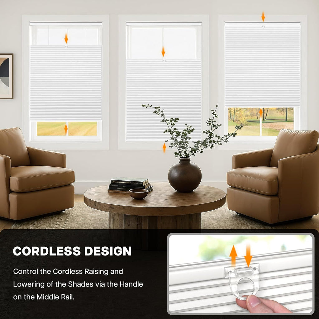 TDBU Cellular Shades, Blackout-White, | Thermal Insulation, Noise Reduction Cordless With Drill Top Down Bottom Up