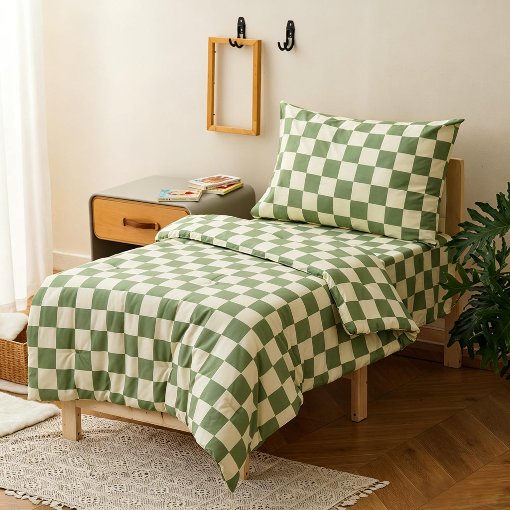 Grid Toddler Bedding Set Green White Checkered 4 Pieces Crib Bed Set Kids Pliad Comforter Set
