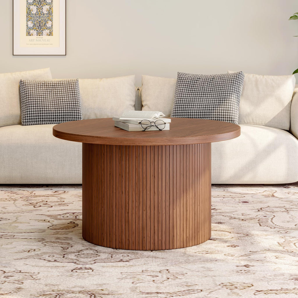 31.5" Round Coffee Table, Tambour Design Coffee Tables, Mid Century Modern Wood Coffee Table, Drum Accent Small