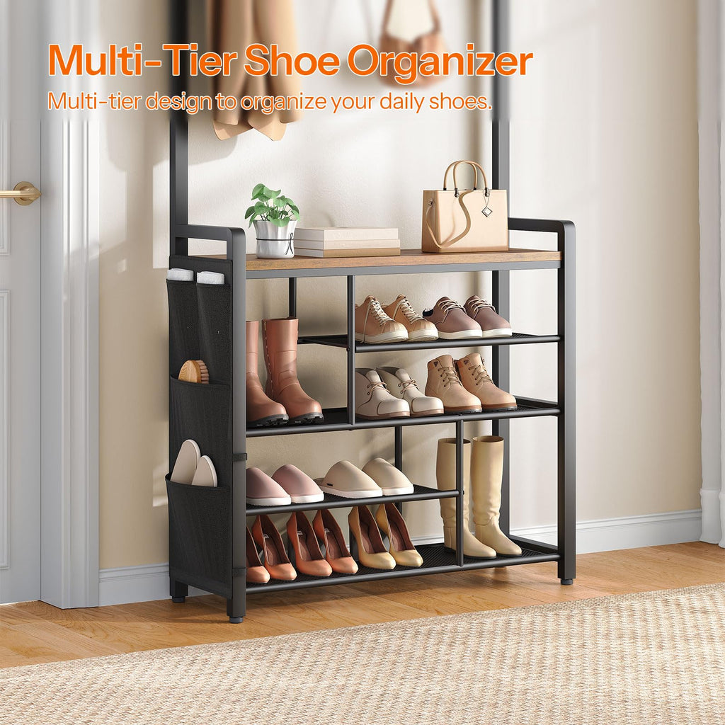 Hall Tree with Bench, Shoe Rack with Coat Rack, 39.4" Coat Rack with Shoe Storage, 5 Tier Shoe Storage Organizer