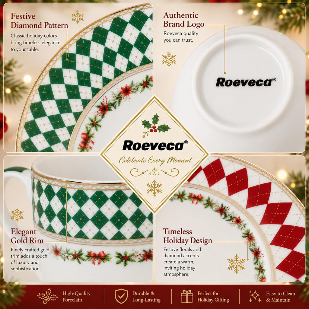 Christmas Argyle Real Gold Trim Porcelain Dinnerware Set,Service for 4