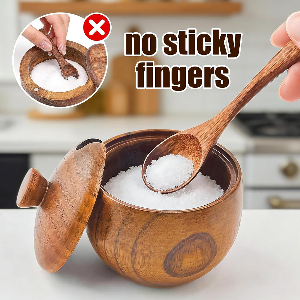 Wooden Salt Cellar with Lid and Spoon 5.7 oz Kitchen Wooden Salt Box for Sea Salt,Spices and Herbs() - Set of 2