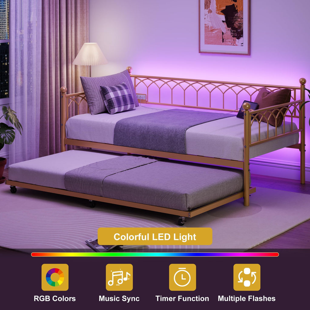 Twin Gold Daybed with Trundle with Charging Station, Led Light