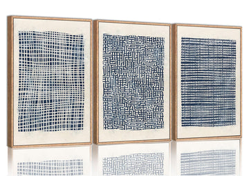 Modern Abstract Framed Navy Blue Canvas Wall Art Prints Set of 3 Boho Mid Century, Paintings Pictures Wall Decor