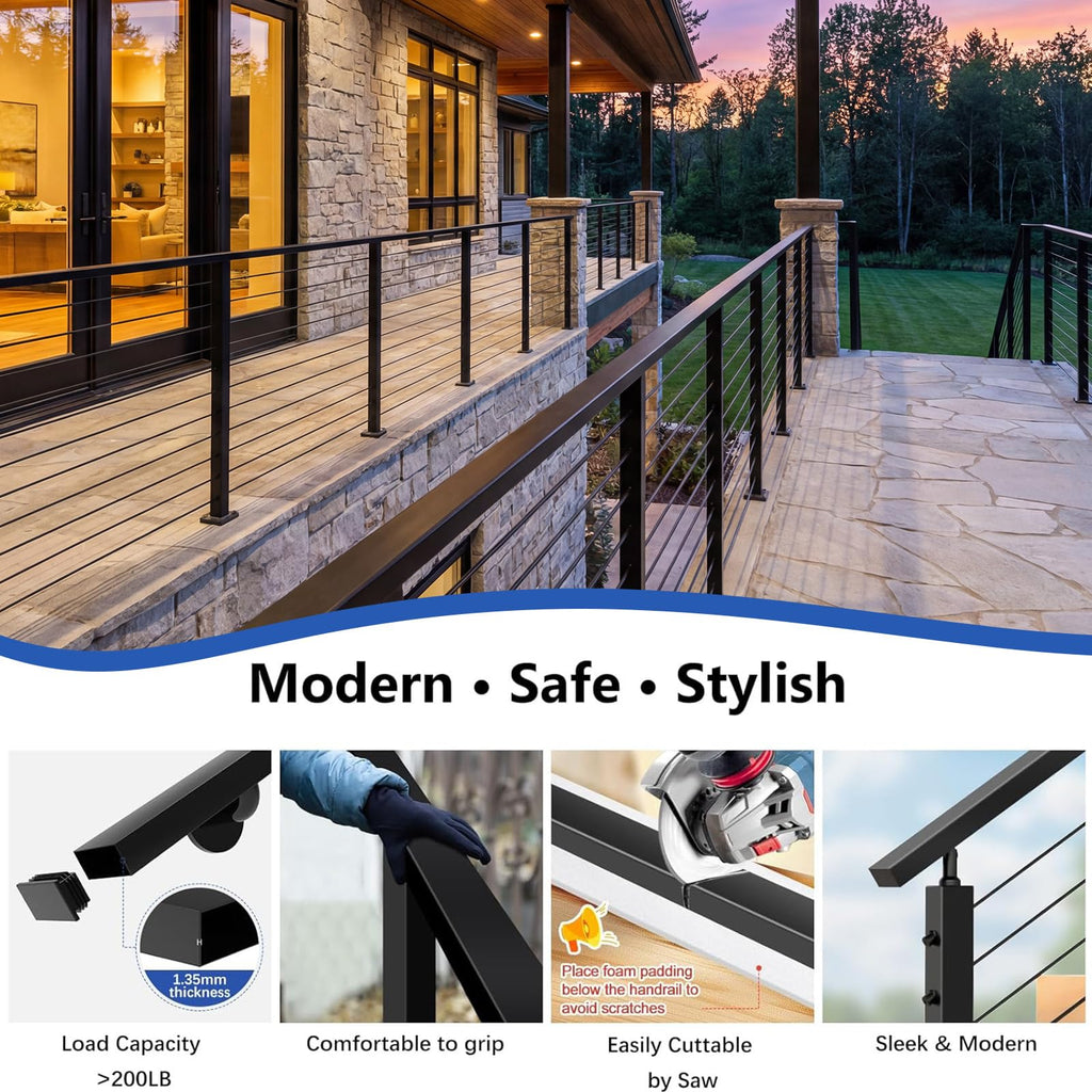 6FT Modular Stainless Steel Black Handrail, 2.36" W x 1.18" H