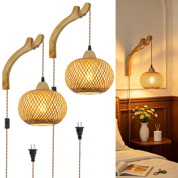 Bamboo Wall Sconces Set of Two Plug in, Boho Wall Lamp with Plug in Cord, Farmhouse Wall Light Fixtures