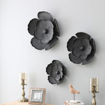 Handmade 3D Metal Flowers Wall Decor Metal Wall Hanging Sculptures Home Decor Floral Art Dark Gray - Set of 3