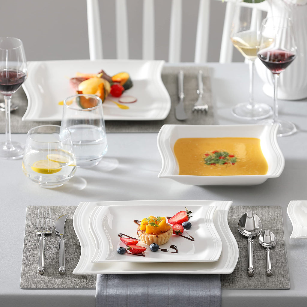 Ivory White Dinnerware Sets, 30-Piece Porcelain Plates and Bowls Sets, Modern Dish Set for 6, Square Plates