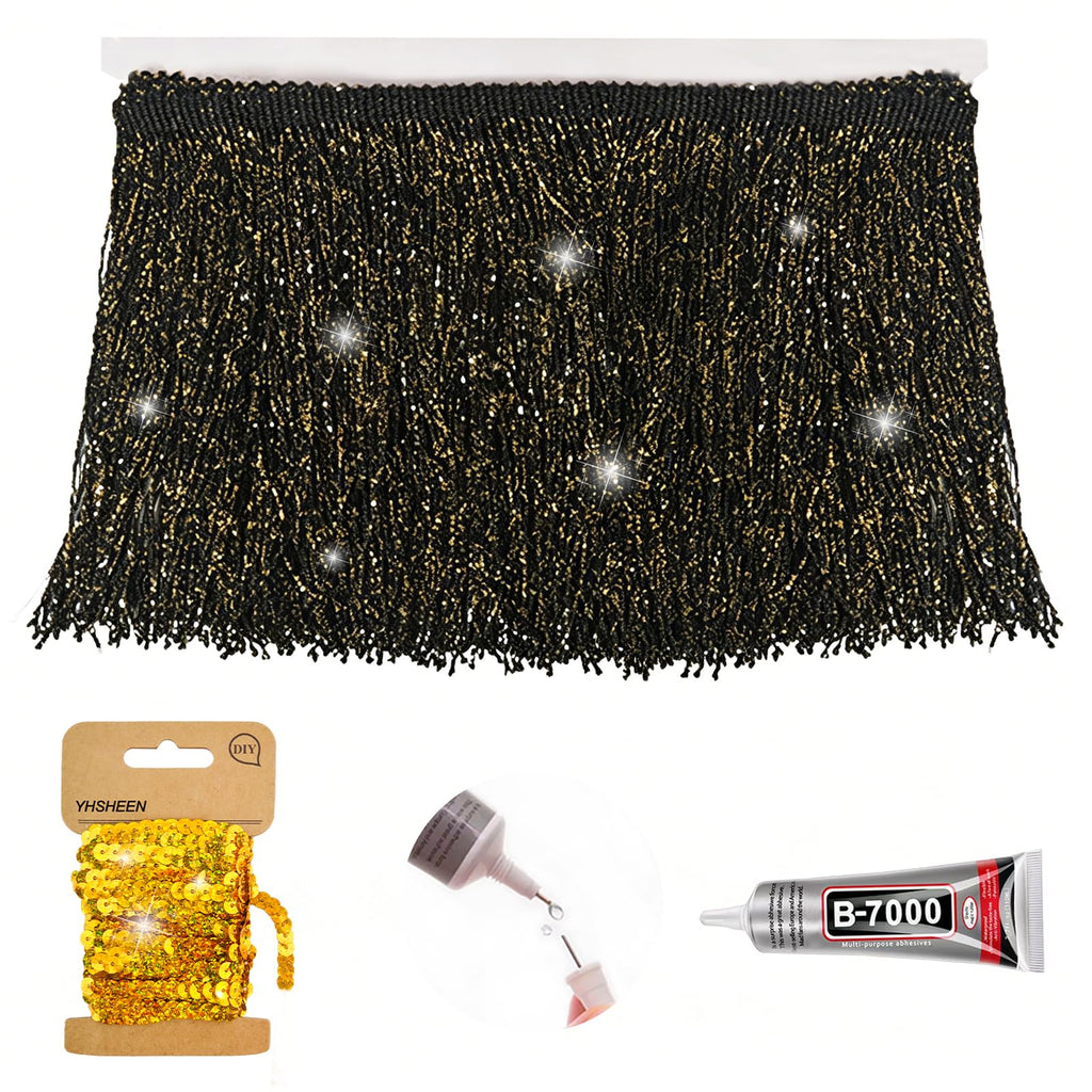 Black Glittery Fringe Trim, 3Yards X 4Inch Fringe Trim with B7000 Glue for Crafts Wedding Birthday Party