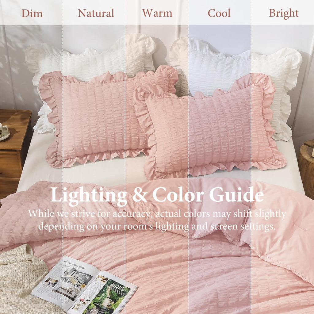 Comforter Set, 3 Pieces Rose Gold Seersucker Comforters, Lightweight & Fluffy Bedding Sets