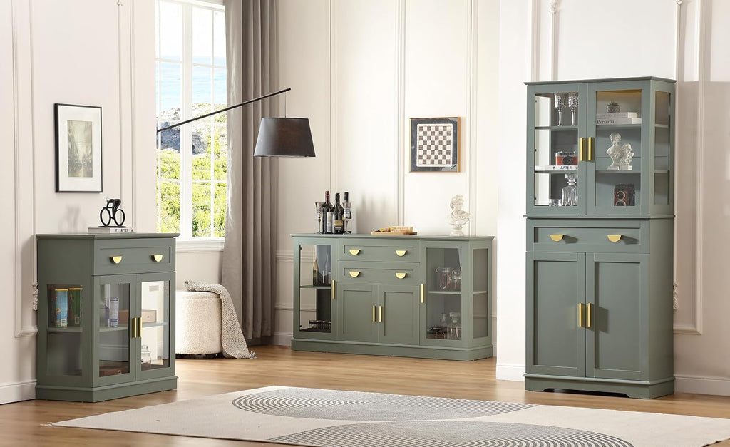 58.27'' Buffet Cabinet with 2 Drawers,LED and Adjustable Shelves,Large Glass Door Coffee Bar Cabinet with