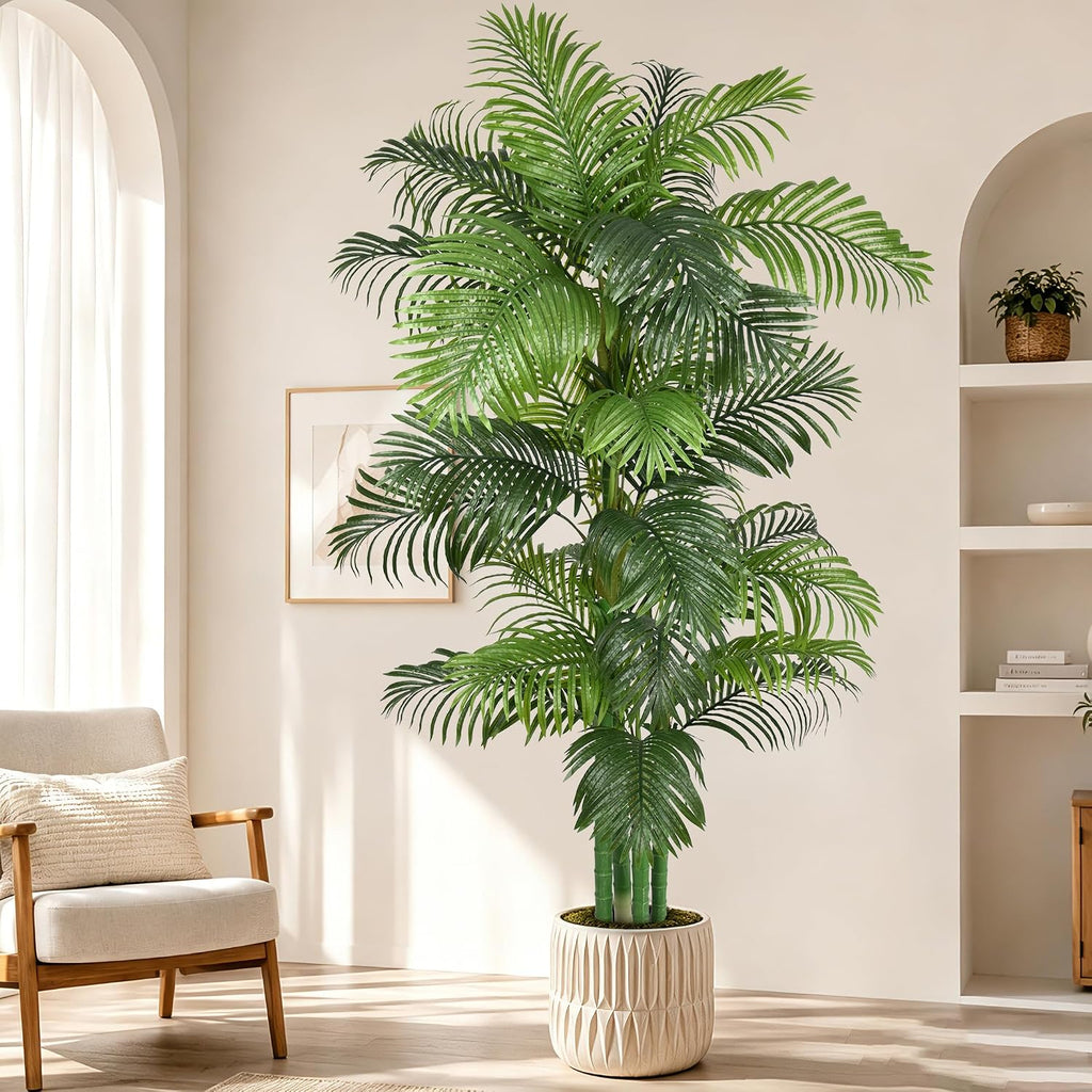 8FT Artificial Palm Tree, Tall Faux Tropical Floor Plant Indoor with Realistic Palm Leaves Fake Areca Trees with Pot