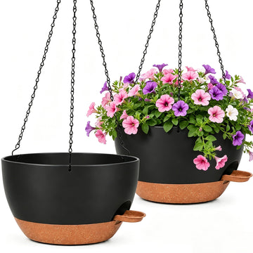12" Self Watering Hanging Planters with Chains, Black Brown, 2 Pack