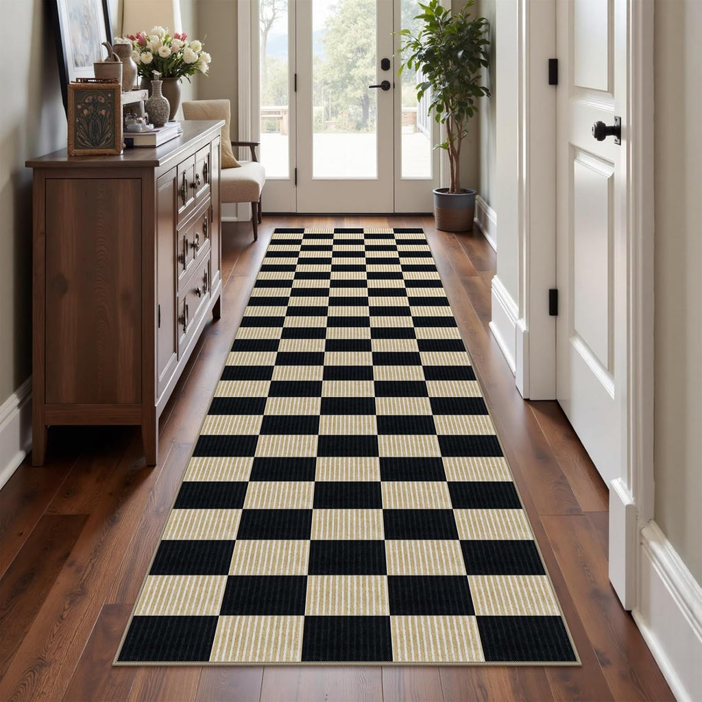 Black and Beige Checkered Runner Rug, 2.6x8 Washable Rug Runners s Non-Slip, Ultra Soft Low Pile Modern Kitchen