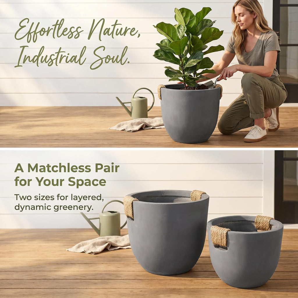 Set of 2 Planter Pots (12.79" & 9.45" ), Lightweight Concrete Look Planters for Indoor Outdoor Plants, Modern Planter
