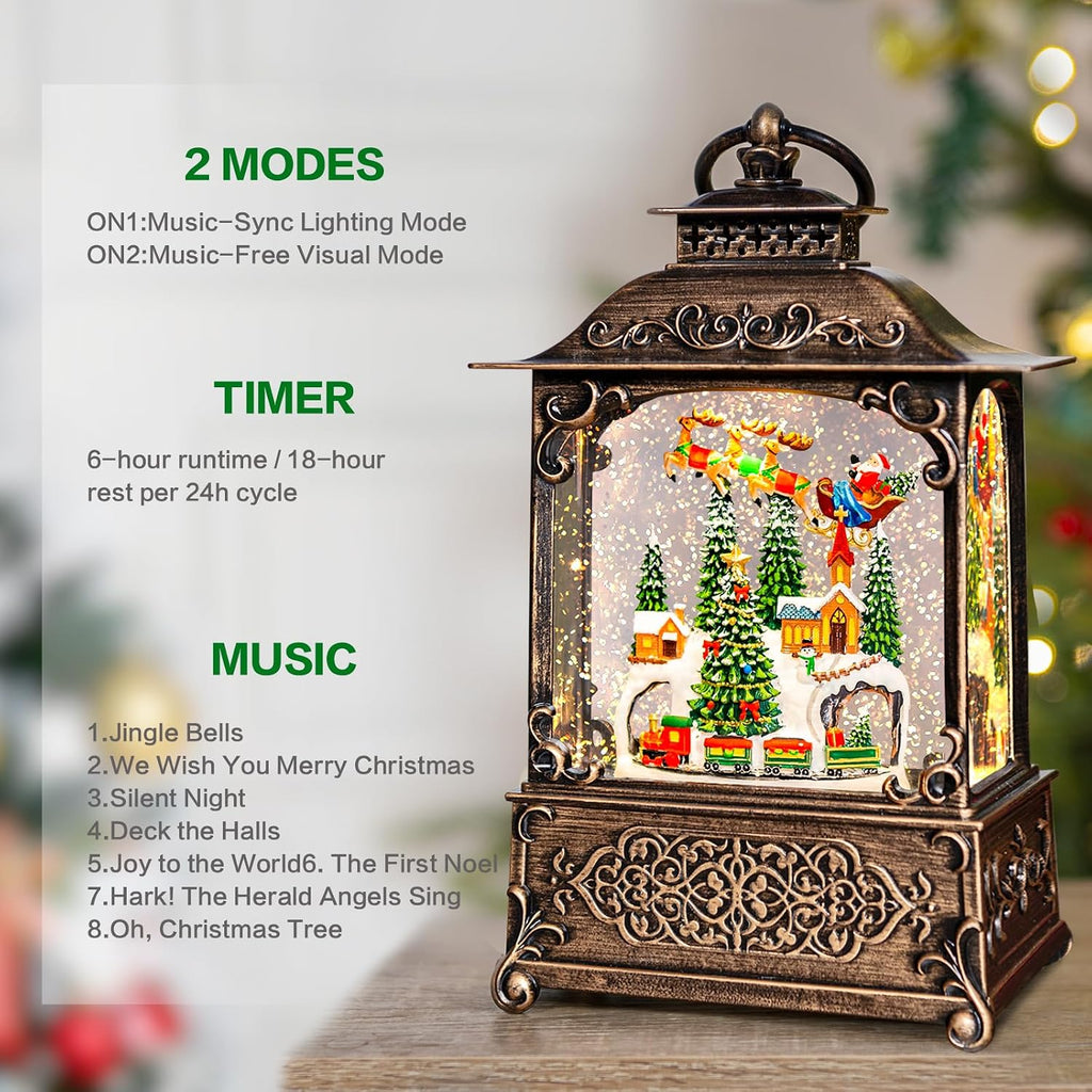 Christmas Snow Globes Lantern with Music, Winter Village Scene Snow Globes with Swirling Glitter Effects, USB/Battery