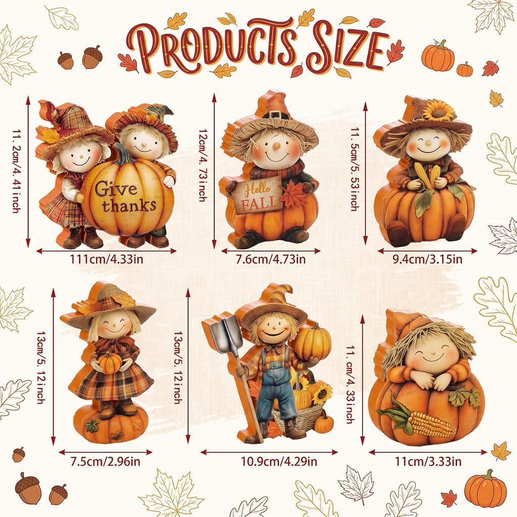 Fall Decor Wooden Scarecrow Pumpkin Figurines Rustic Autumn Harvest Tabletop Decoration for Thanksgiving - Set of 6
