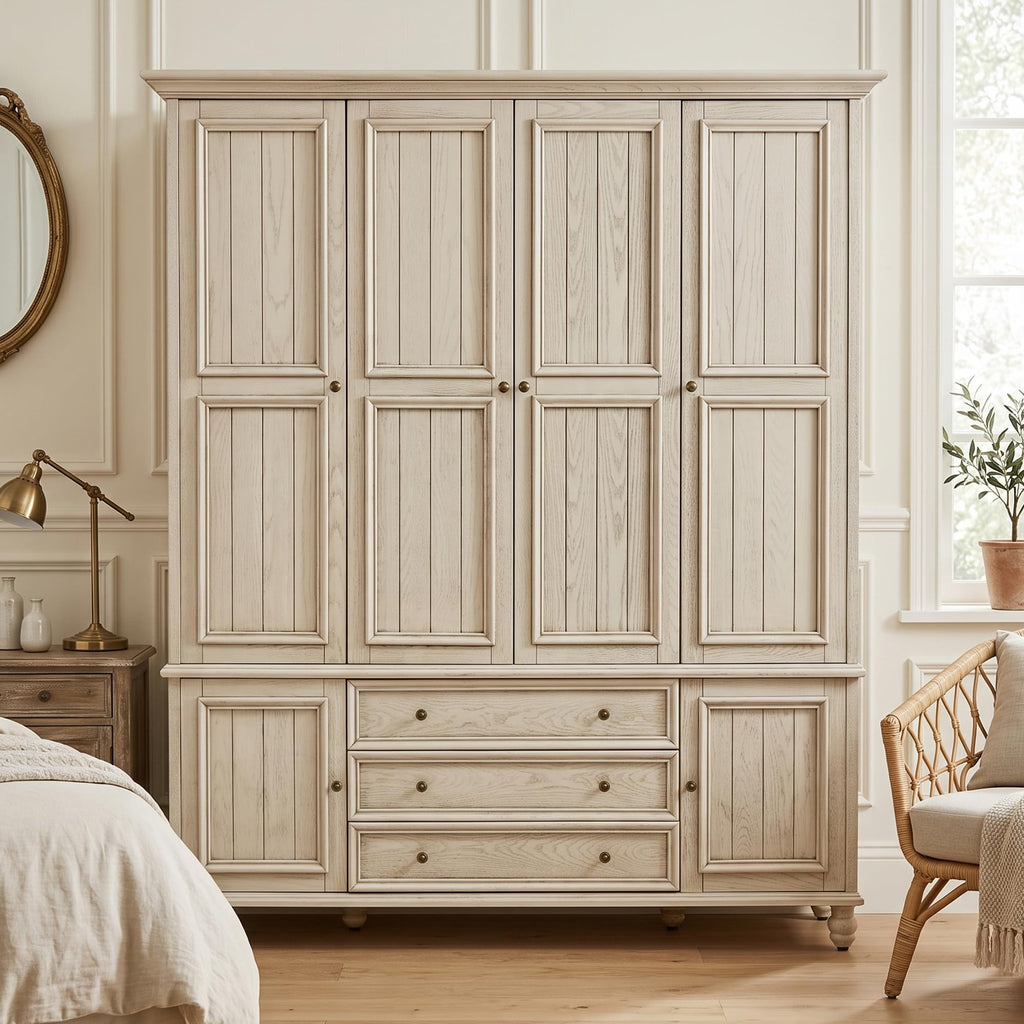 4 Door Solid Wood Armoire Wardrobe Closet with Drawers, White