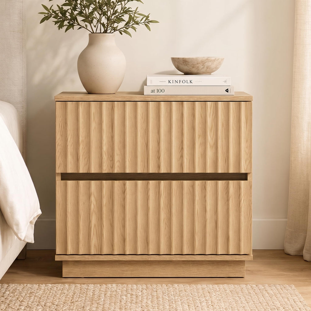 Fluted Nightstand with 2 Drawers, 23.6-Inch Wide, Natural Oak