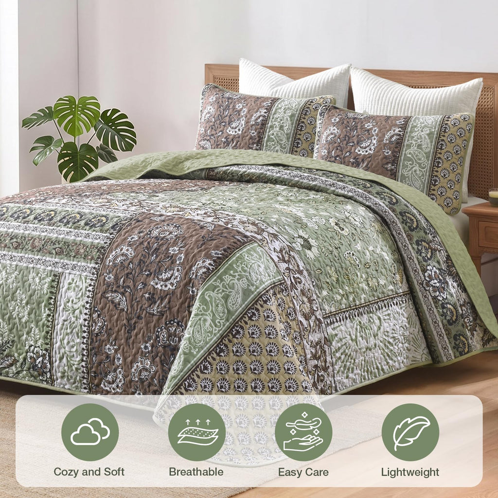 Patchwork Quilt Bedding Set, Boho Bedspread, Brown Green