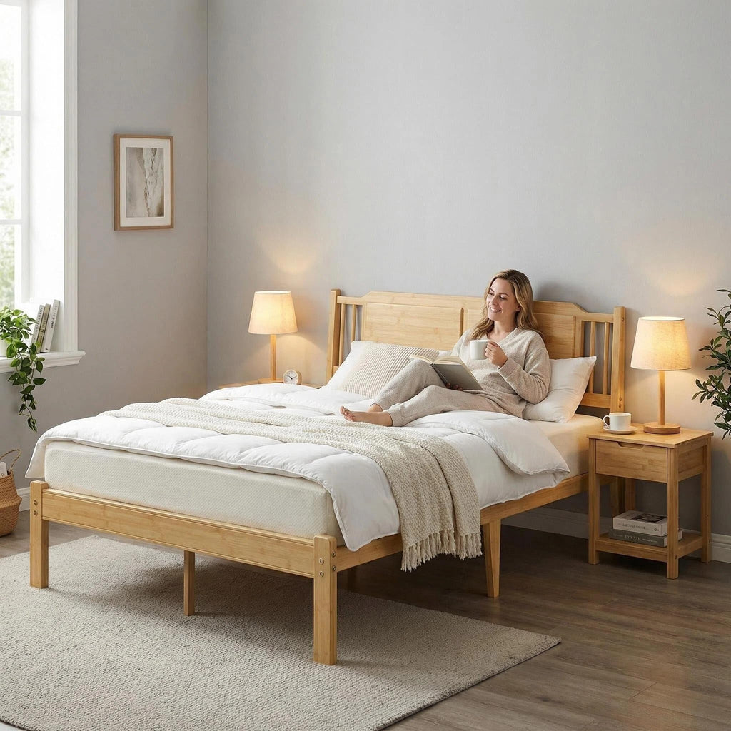 Bamboo Full Bed Frame with Headboard, 14 inch Wood Platform Bed Frames Full Size No Box Spring Needed, Rustic