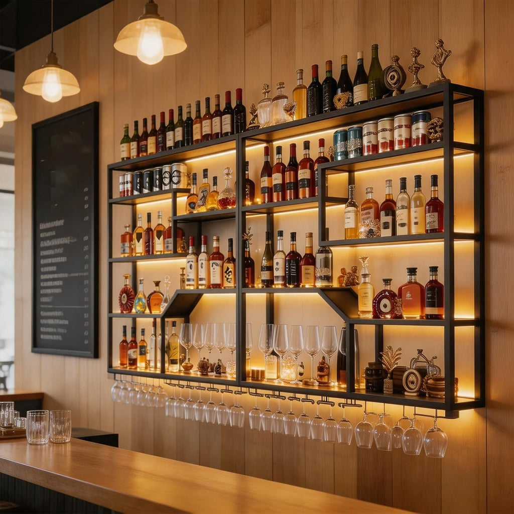 78.7IN Wall Wine Rack with LED, Industrial Iron & Walnut | Iron & walnut wood, LED strip light incl, holds