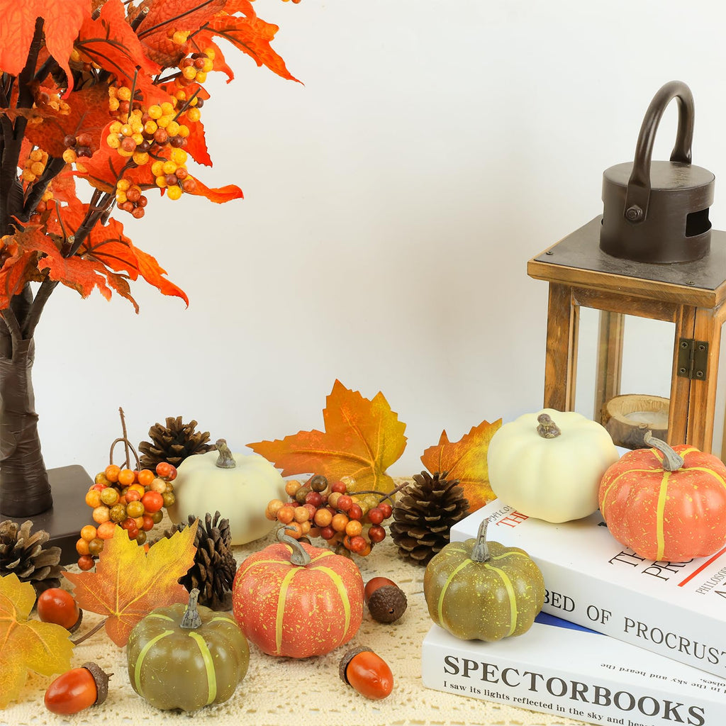 20 Pcs Realistic Fall Mini Pumpkin Decorations, Pumpkin Decor with Maple Leaves, Pine Cones, Acorns, Thanksgiving