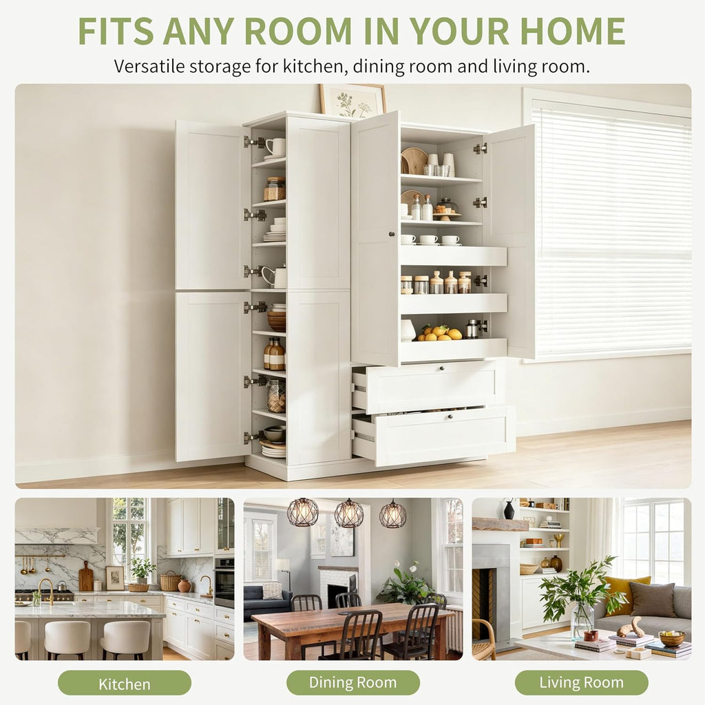 73.6" Tall Farmhouse Kitchen Pantry Cabinet with 7 Shelves, 2 Drawers, 3 Pull-Out Trays, 6 Doors and Side Cabinets