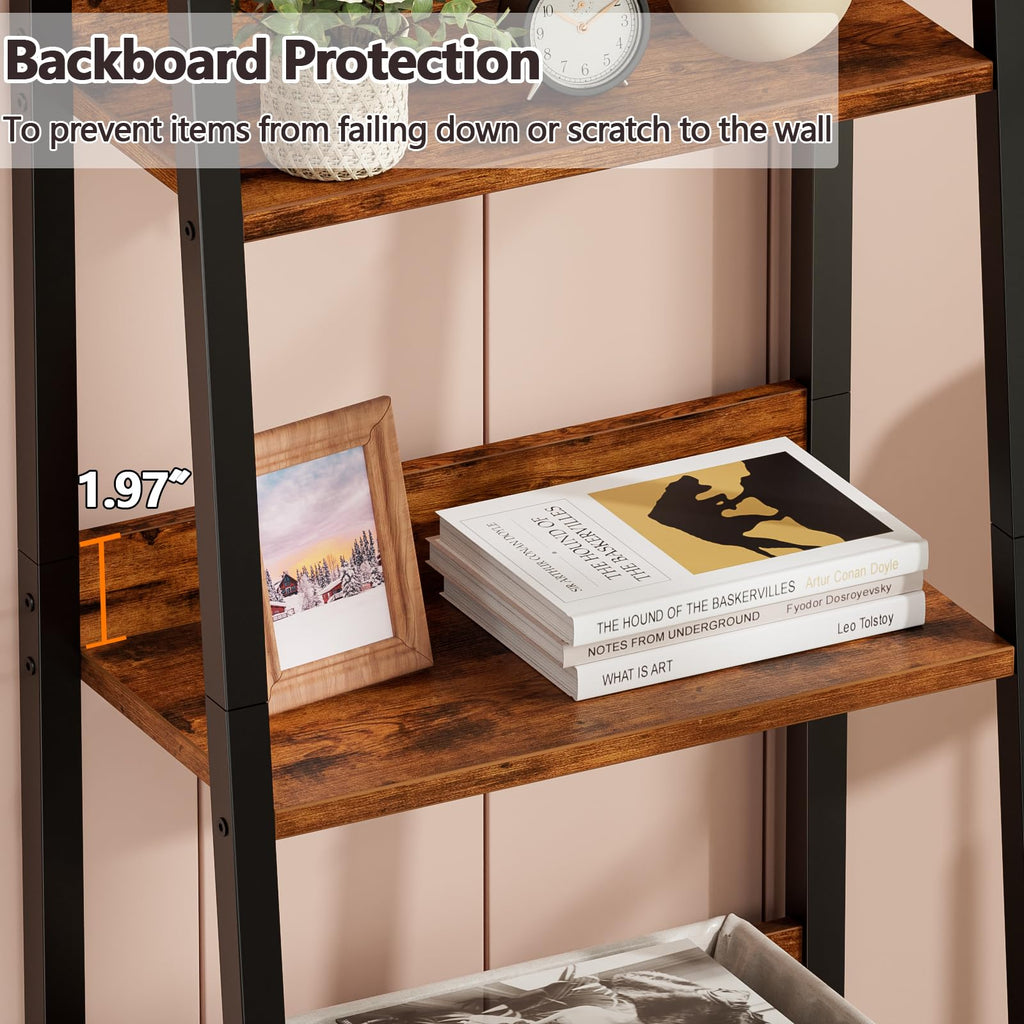 Ladder Shelf, 5 Tier Bookshelf with Fabric Drawer, Rustic Brown